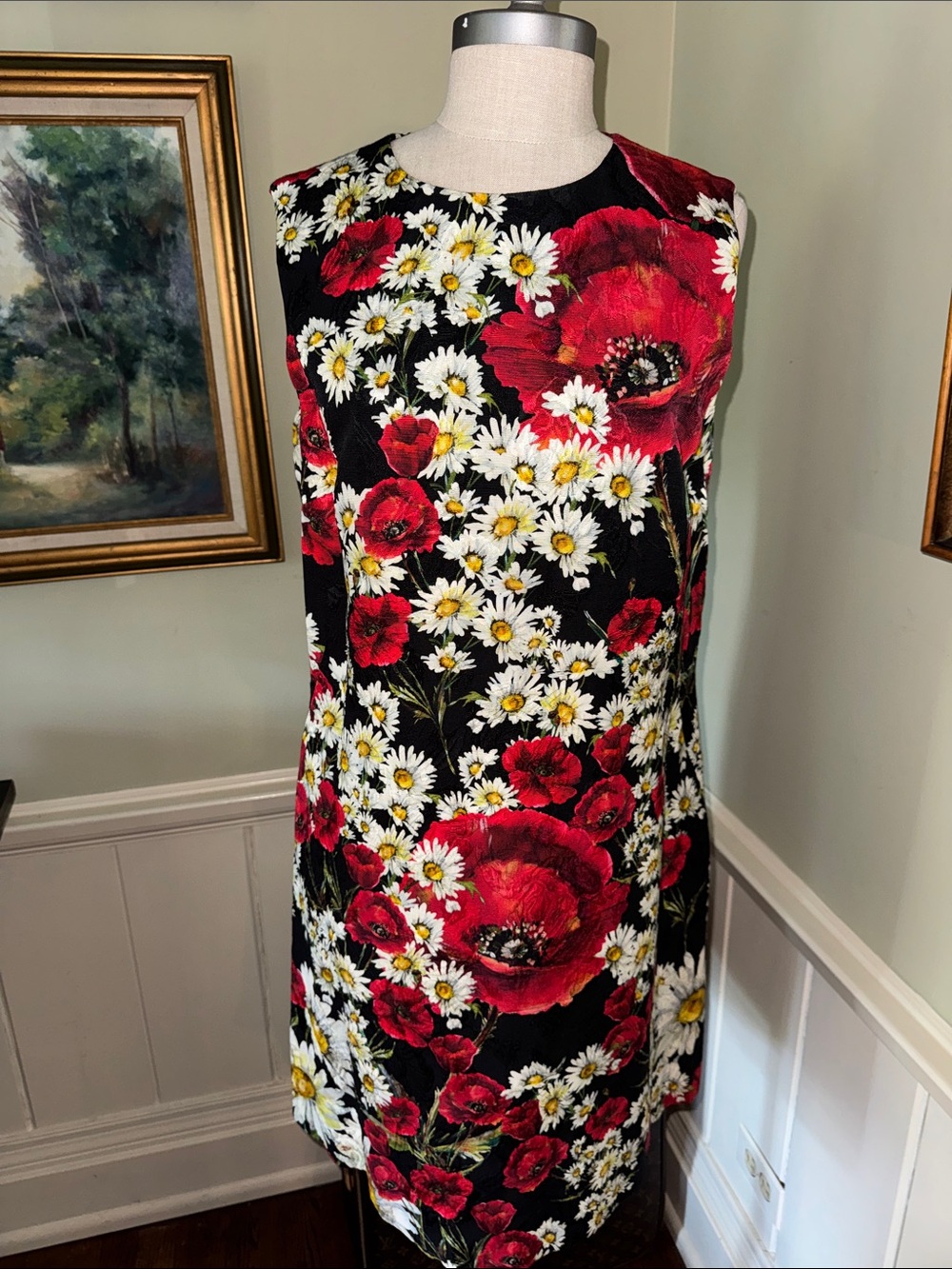 Dolce & Gabbana Poppy Daisy Black Floral Dress Red Poppies White Daisies M L